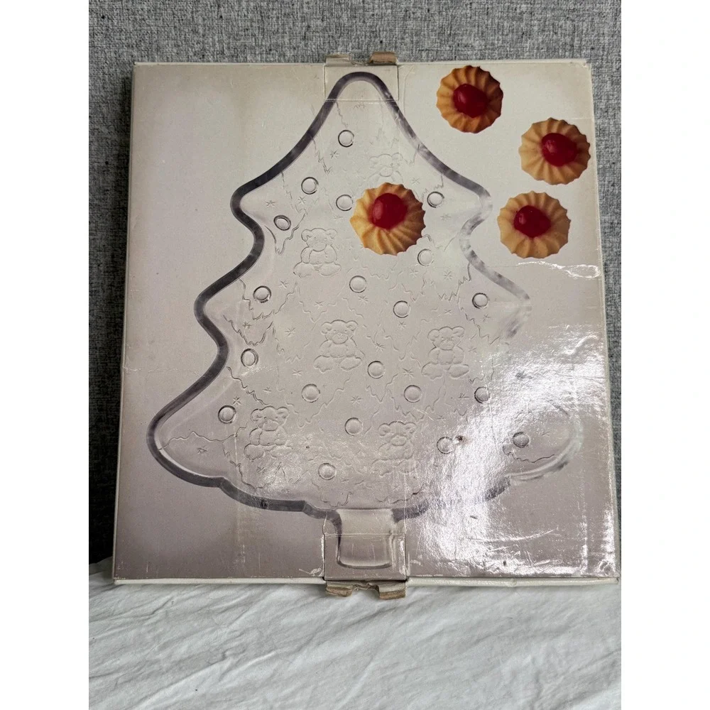 Vintage CHRISTMAS‎ TREE CRYSTAL Glass Serving Dish TEDDY BEAR 12